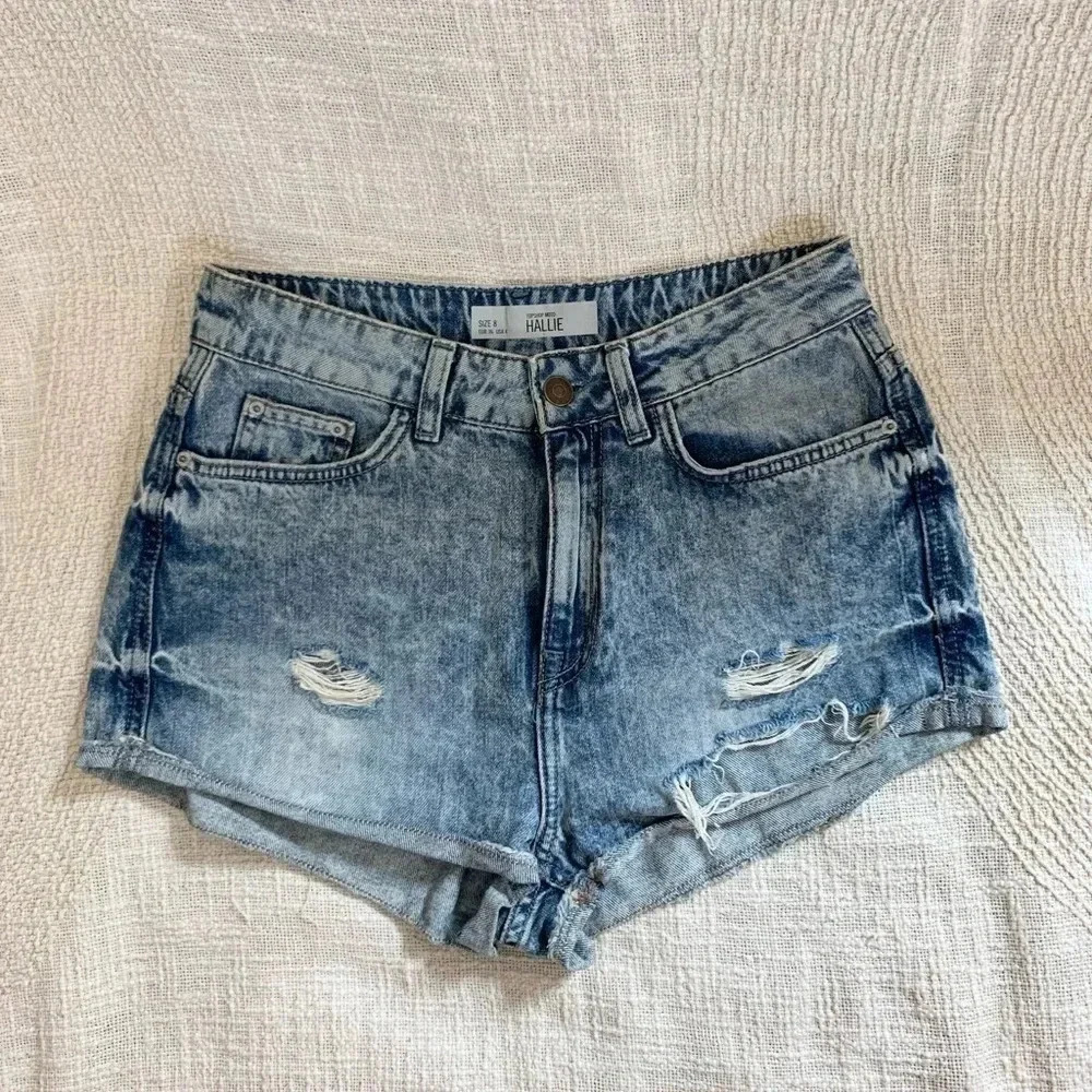 Topshop High Rise Distressed Denim Hallie Moto Shorts